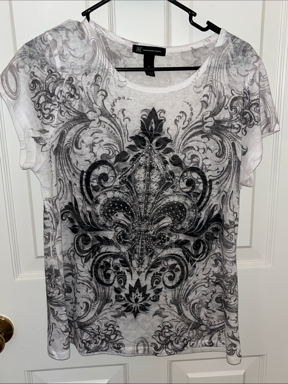 INC International Concepts White and Black Ornamental Fleur Tee